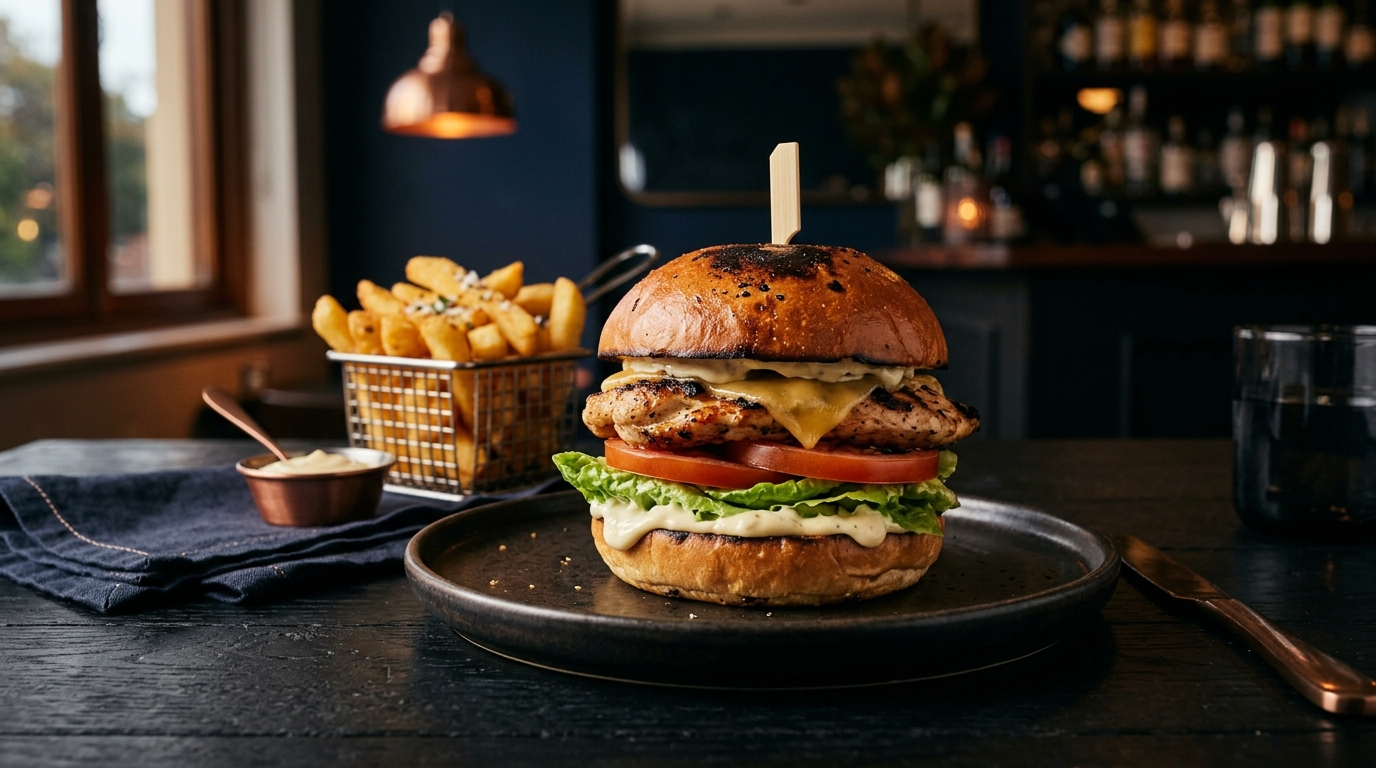 Grilled chicken burger and fries